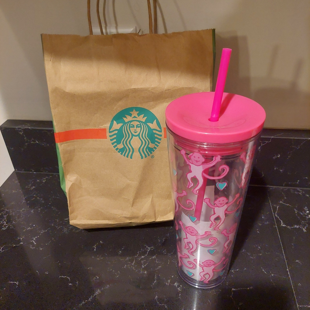 Starbucks Pink Tumbler with Roller Rabbit Design 24oz